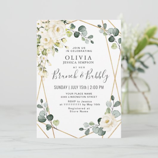 Invitation Rose blanche Eucalyptus Vert Brunch & Bubbly (Debout devant)