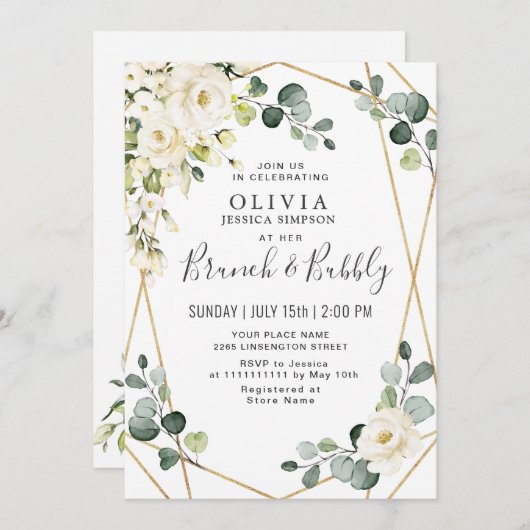Invitation Rose blanche Eucalyptus Vert Brunch & Bubbly (Devant / Derrière)