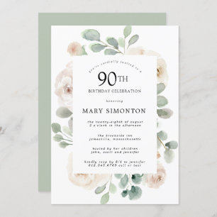 Invitation Rose blanche Fleur Eucalyptus 90e fête d'anniversa