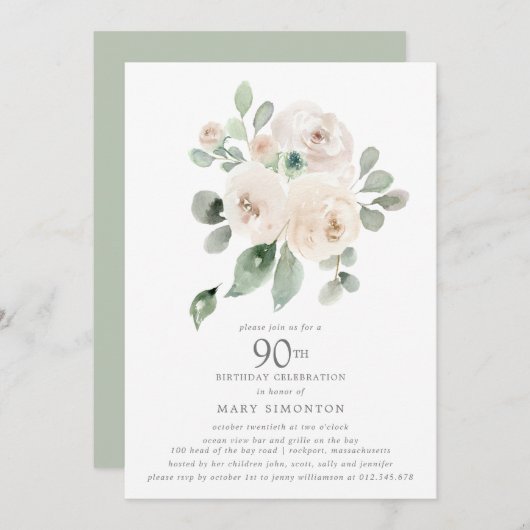 Invitation Rose blanche Fleur Eucalyptus 90e fête d'anniversa (Devant / Derrière)