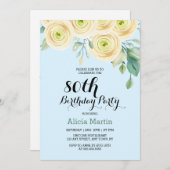 Invitation Rose blanche Flora Eucalyptus bleu 80e anniversair (Devant / Derrière)