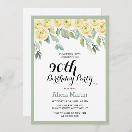 Invitation Rose blanche Flora Eucalyptus Vert 90e anniversair (Devant / Derrière)