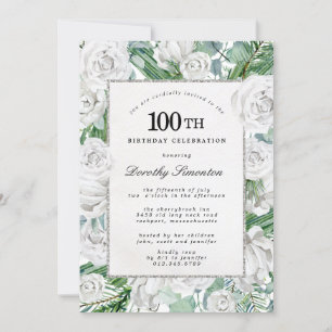 Invitation Rose blanche Floral 100e Anniversaire de fête Invi