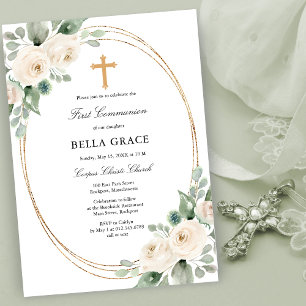 Invitation Rose blanche Floral Première sainte communion