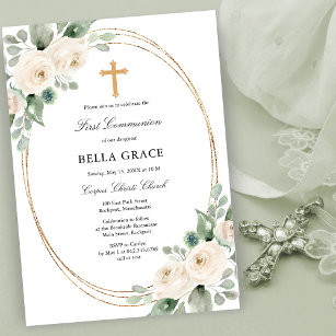 Invitation Rose blanche Floral Première sainte communion