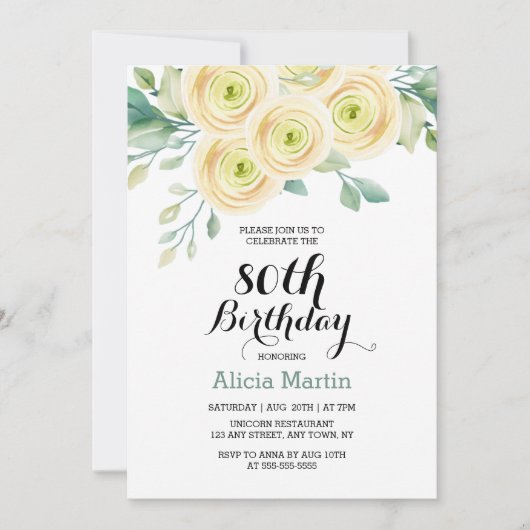 Invitation Rose blanche Flore Eucalyptus 80e anniversaire (Devant)