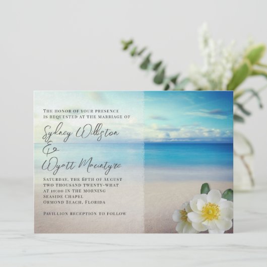 Invitation Rose blanche Mariage d'eau bleu (Debout devant)