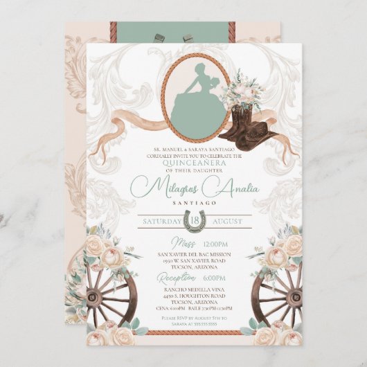 Invitation Rose blanche Mint Green Charro Quinceanera Ouest (Devant / Derrière)