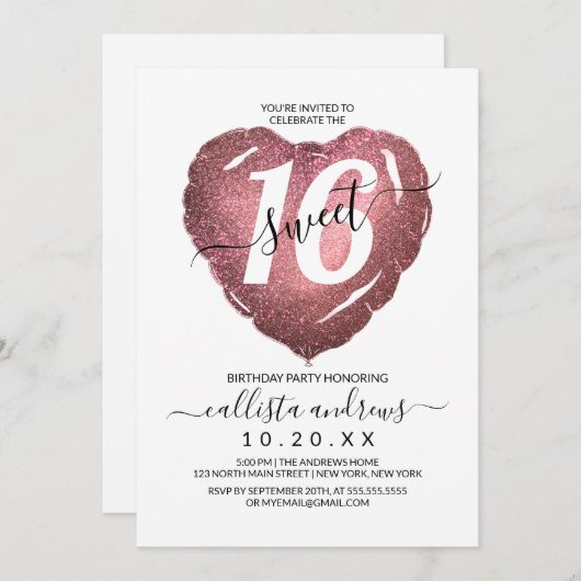 Invitation Rose blanche Parties scintillant d'or Coeur Balloo (Devant / Derrière)