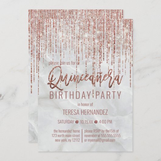 Invitation Rose blanche Parties scintillant or Pearl Marbre Q (Devant / Derrière)