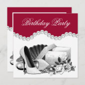 Invitation Rose blanche perles talons hauts Rouge fête d'anni (Devant / Derrière)