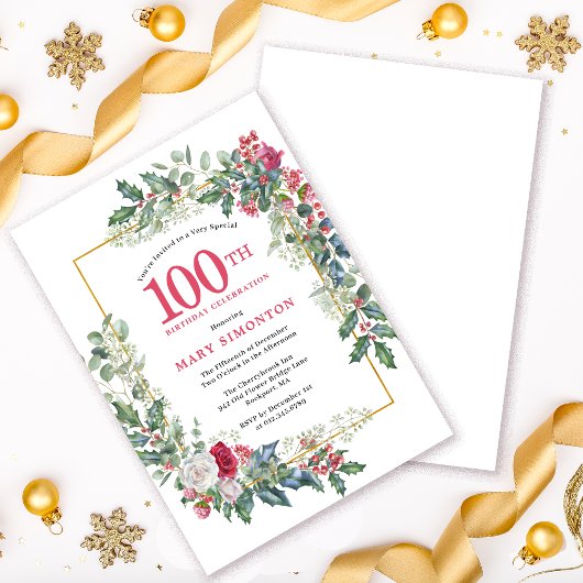 Invitation Rose blanche rouge Floral Holly 100e anniversaire
