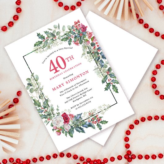 Invitation Rose blanche rouge Floral Holly 40e fête d'anniver