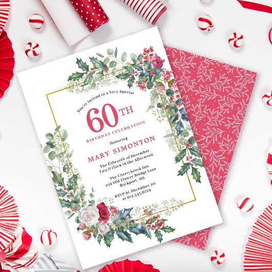 Invitation Rose blanche rouge Floral Holly 60e fête d'anniver