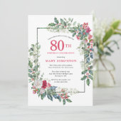Invitation Rose blanche rouge Floral Holly 80e fête d'anniver (Debout devant)