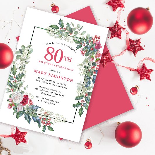 Invitation Rose blanche rouge Floral Holly 80e fête d'anniver
