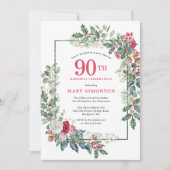 Invitation Rose blanche rouge Floral Holly 90e fête d'anniver (Devant)
