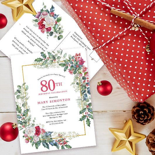 Invitation Rose Blanche Rouge Florale Houx 80e