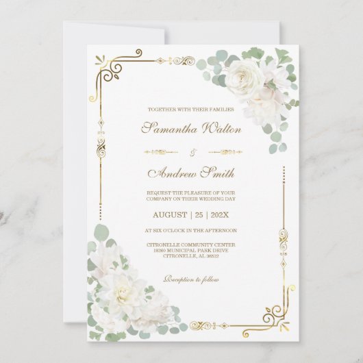 Invitation Rose blanche Sage Vert Mariage or (Devant)