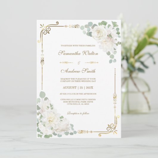 Invitation Rose blanche Sage Vert Mariage or (Debout devant)