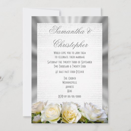 Invitation Rose blanche sur mariage gris argenté (Devant)