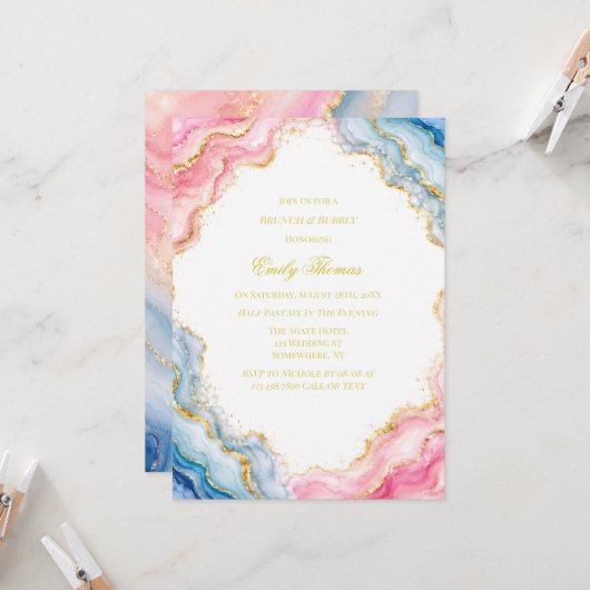 Invitation Rose Bleu Agate Brunch & Bubbly (Devant/Arrière en situation)