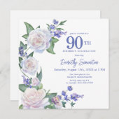 Invitation Rose bleu blanc Floral 90e anniversaire Carré (Devant / Derrière)
