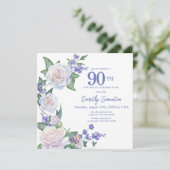 Invitation Rose bleu blanc Floral 90e anniversaire Carré (Debout devant)