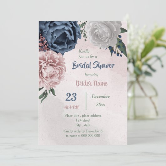 Invitation rose bleu & blanc floral vert nuptiale douche (Debout devant)