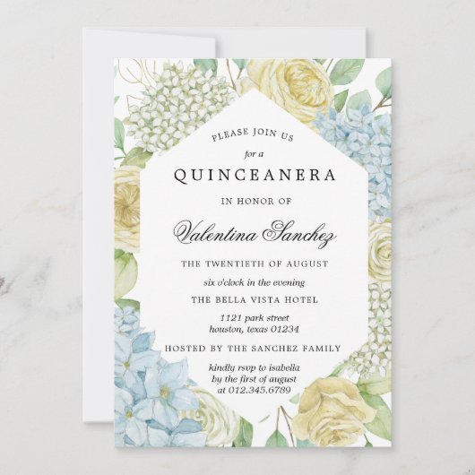 Invitation Rose bleu blanc Hydrangea Quinceanera (Devant)