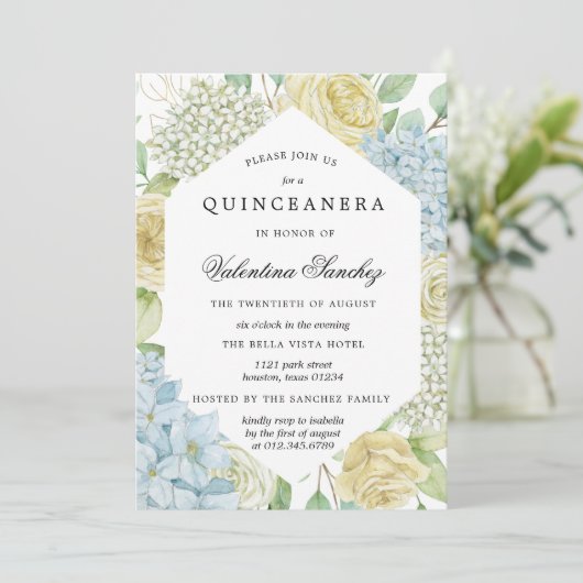 Invitation Rose bleu blanc Hydrangea Quinceanera (Debout devant)