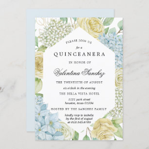 Invitation Rose bleu blanc Hydrangea Quinceanera