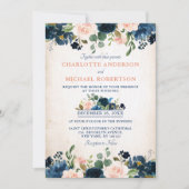 Invitation Rose bleu bleu bleu marine Floral Russe Mariage ca (Devant)