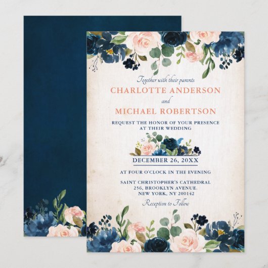 Invitation Rose bleu bleu bleu marine Floral Russe Mariage ca (Devant / Derrière)