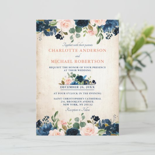 Invitation Rose bleu bleu bleu marine Floral Russe Mariage ca (Debout devant)