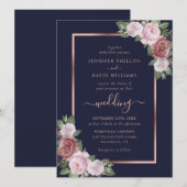 Invitation Rose bleu bleu marine Mariage floral or  (Devant / Derrière)