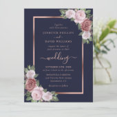 Invitation Rose bleu bleu marine Mariage floral or  (Debout devant)