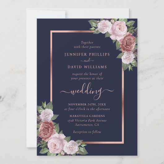 Invitation Rose bleu bleu marine Mariage floral or  (Devant)