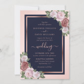 Invitation Rose bleu bleu marine Mariage floral or  (Devant)