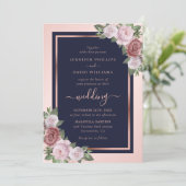 Invitation Rose bleu bleu marine Mariage floral or  (Debout devant)
