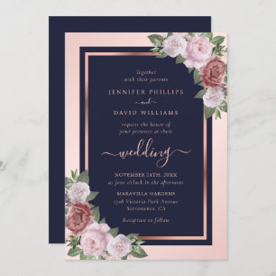 Invitation Rose bleu bleu marine Mariage floral or 