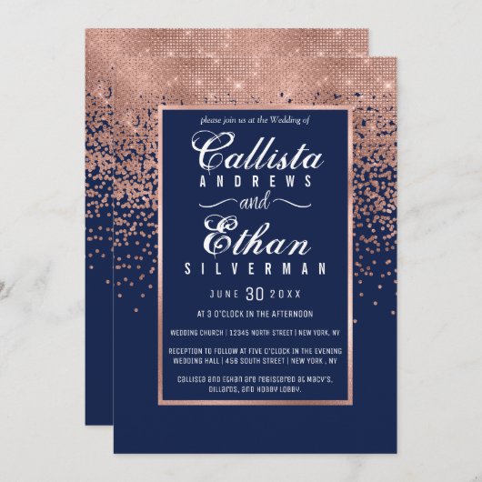 Invitation Rose bleu Chic Marine Parties scintillant or Confe (Devant / Derrière)