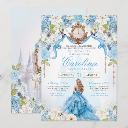 Invitation Rose bleu Cinderella Royal Princesse Quinceanera (Devant / Derrière)