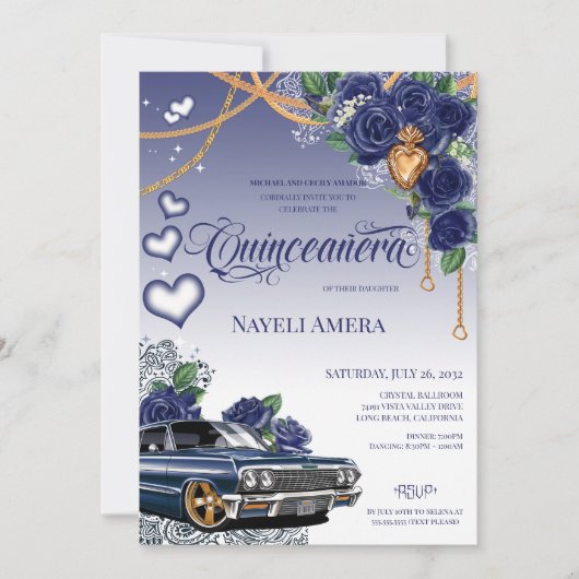 Invitation Rose Bleu Classique Bleu Lowrider Chola Quinceaner (Devant)