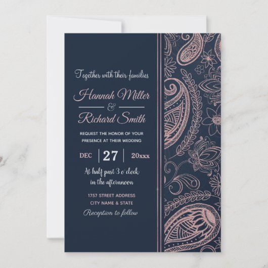 Invitation Rose bleu classique Parties scintillant or Paisley (Devant)