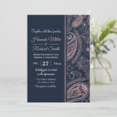 Invitation Rose bleu classique Parties scintillant or Paisley (Debout devant)