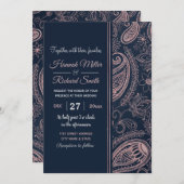 Invitation Rose bleu classique Parties scintillant or Paisley (Devant / Derrière)