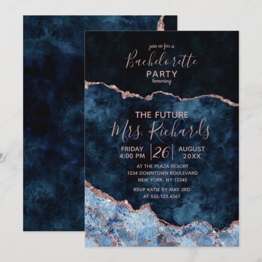 Invitation Rose bleu de la marine Gold Bachelorette Party Inv (Devant / Derrière)