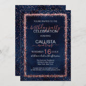 Invitation Rose bleu de la Marine or arrosé Confetti Annivers (Devant / Derrière)