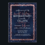 Invitation Rose bleu de la Marine or arrosé Confetti Sweet 16<br><div class="desc">L'invitation à la fête d'anniversaire élégante, glamour et moderne en sweet sixteen est parfaite pour l'événement contemporain et élégant. Il présente une parties scintillant brillante rose rose faux imprimé en or scintillant arrosé de confettis bordé d'un arrière - plan d'aquarelle bleu marine artsy. L'arrière affiche la même parties scintillant mais...</div>